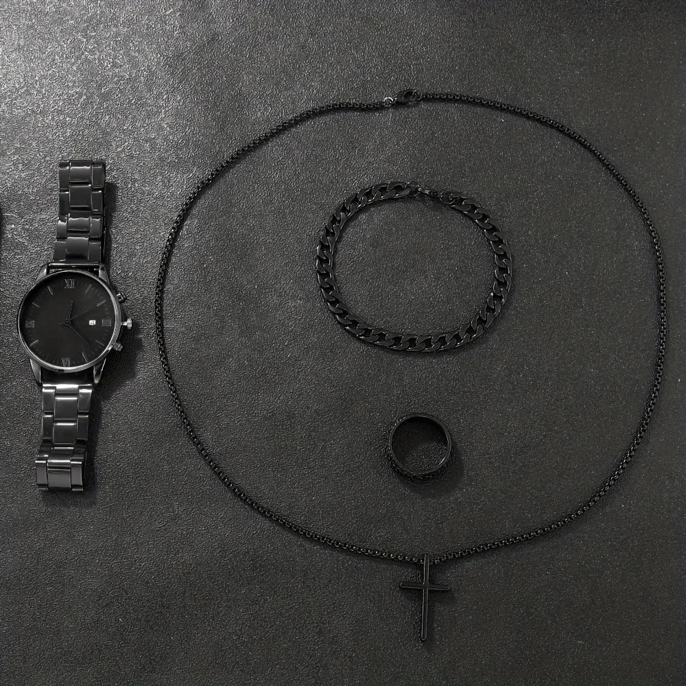 Luxury Steel Watch + Bracelet, Ring & Necklace