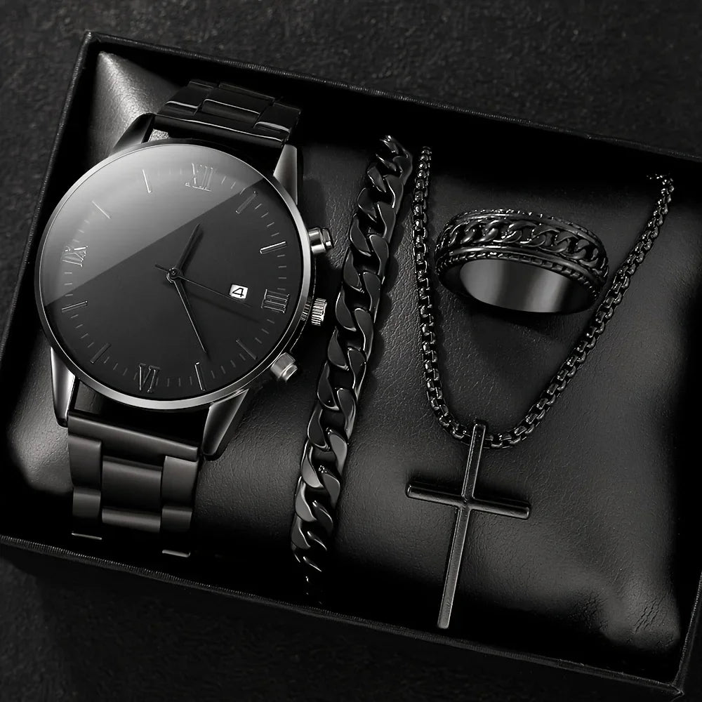 Luxury Steel Watch + Bracelet, Ring & Necklace