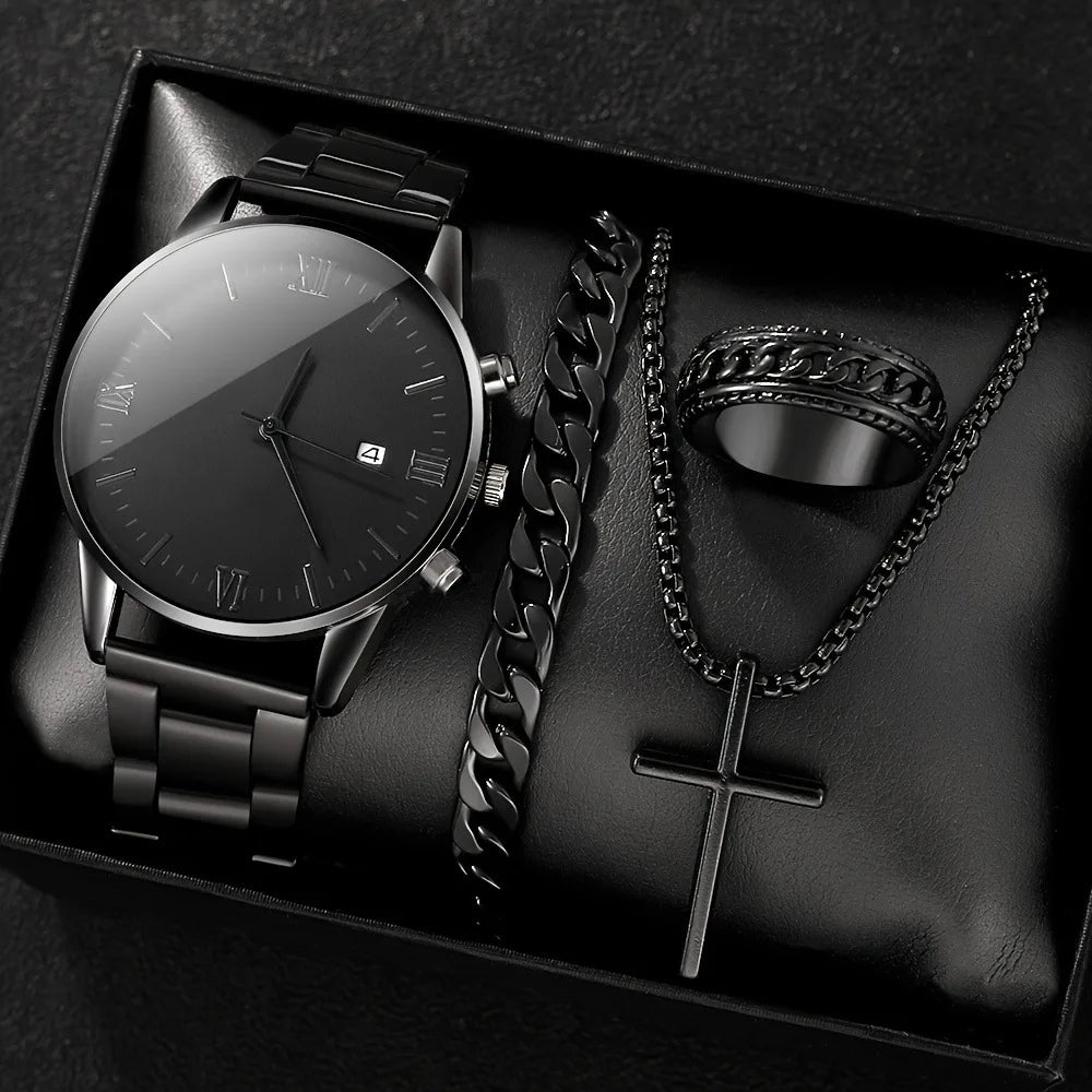 Luxury Steel Watch + Bracelet, Ring & Necklace