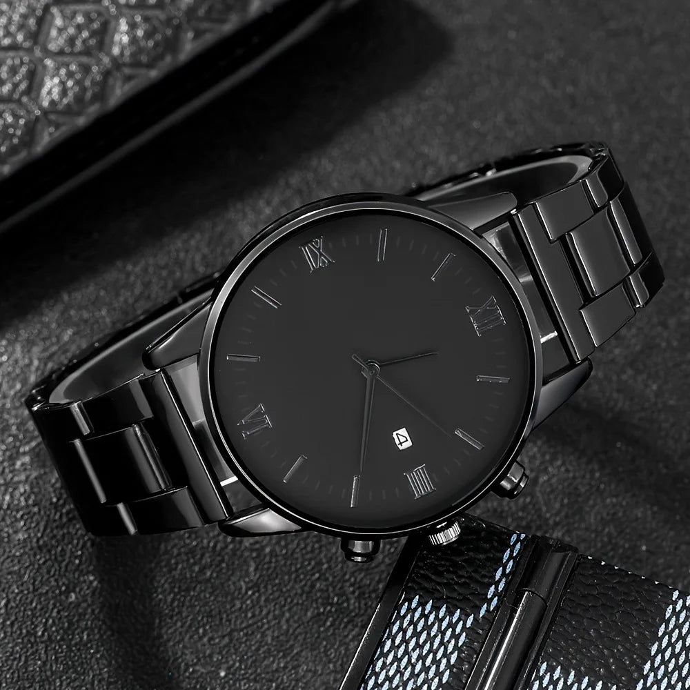 Luxury Steel Watch + Bracelet, Ring & Necklace